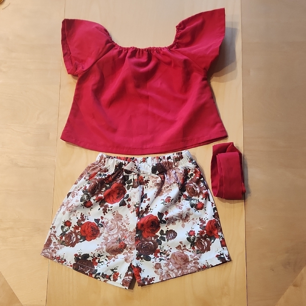 Shein' Red Off-Shoulder Top and Floral Shorts Set. Size 5